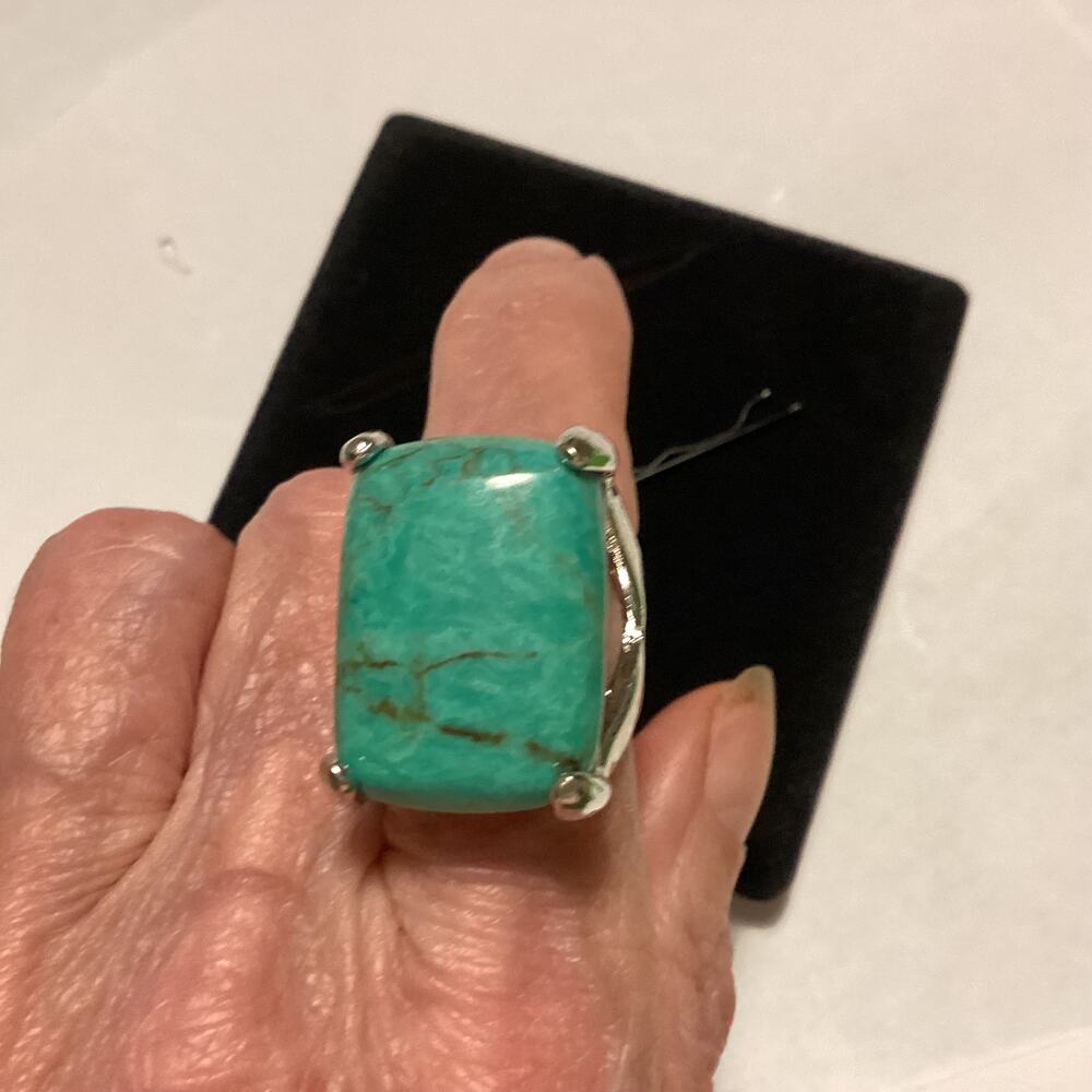1749 Large Chunky Southwestern Faux Turquoise Rectangular Silvertone Ring 6 1/4
